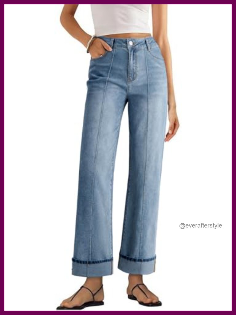Wide Leg Cuffed High Waisted Baggy Stretchy Denim Jeans With Pockets